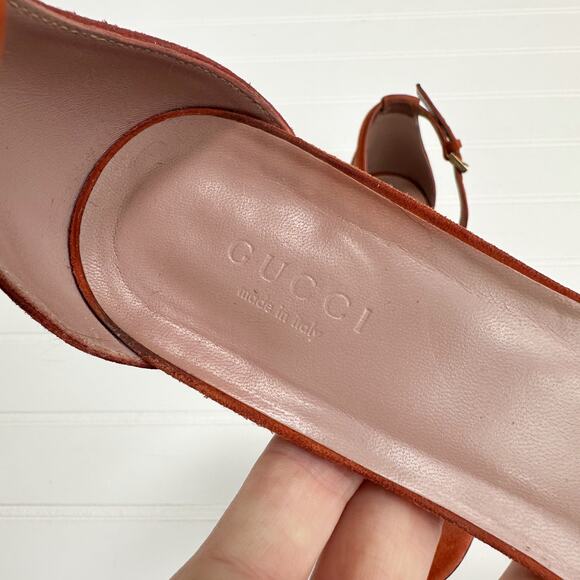 Gucci Horsebit Liliane Flat Suede Sandals Orange Gold Ankle Cuff Strap 37 - Picture 4 of 11